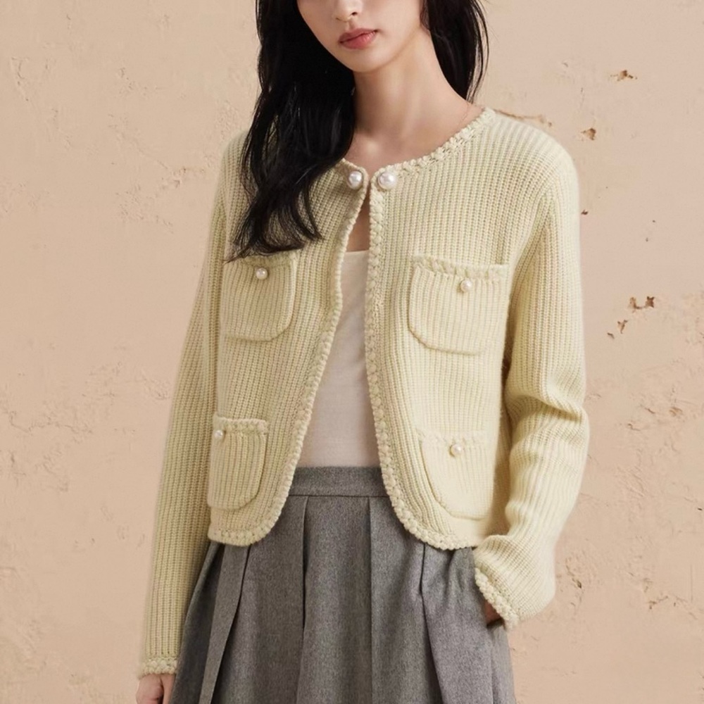Erdos Yellow Cashmere Cardigan Sweater with Pearl Accents